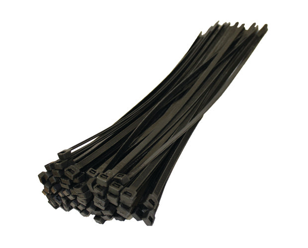 Black cable ties, 300mm x 2mm, durable nylon, UV resistant, pack of 100, ideal for organizing and securing items.