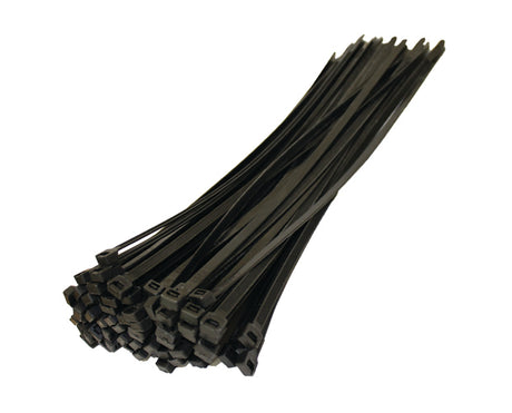 Black cable ties, 300mm x 2mm, durable nylon, UV resistant, pack of 100, ideal for organizing and securing items.