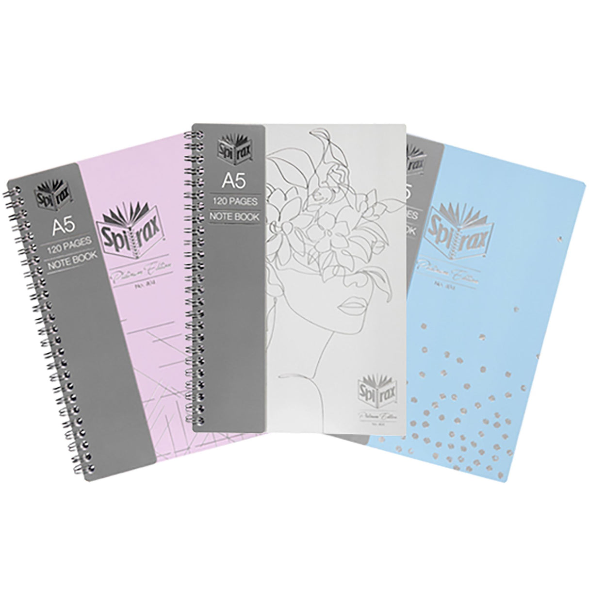 Spirax Platinum A5 notebook pack of 12 with 200 pages, soft-touch cover, rose gold accents, and twin spiral binding.