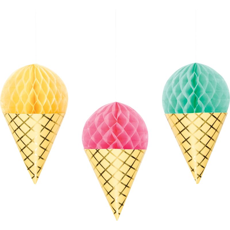 Colorful honeycomb ice cream cone decorations, 16cm x 33cm, perfect for vibrant parties and photo backdrops. Pack of 3.