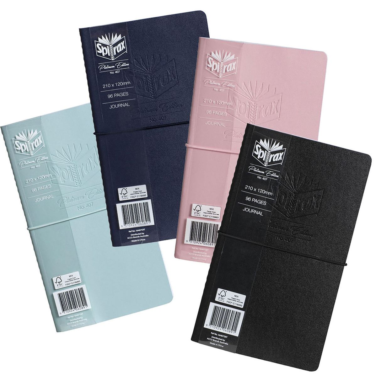 Pack of 12 assorted Spirax Platinum StitColourhide journals with soft covers, 96 pages, and elastic closure in vibrant colors.