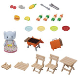 Sylvanian Families BBQ set featuring Elephant Girl Miriam, a grill, table, chairs, and colorful accessories for pretend play.