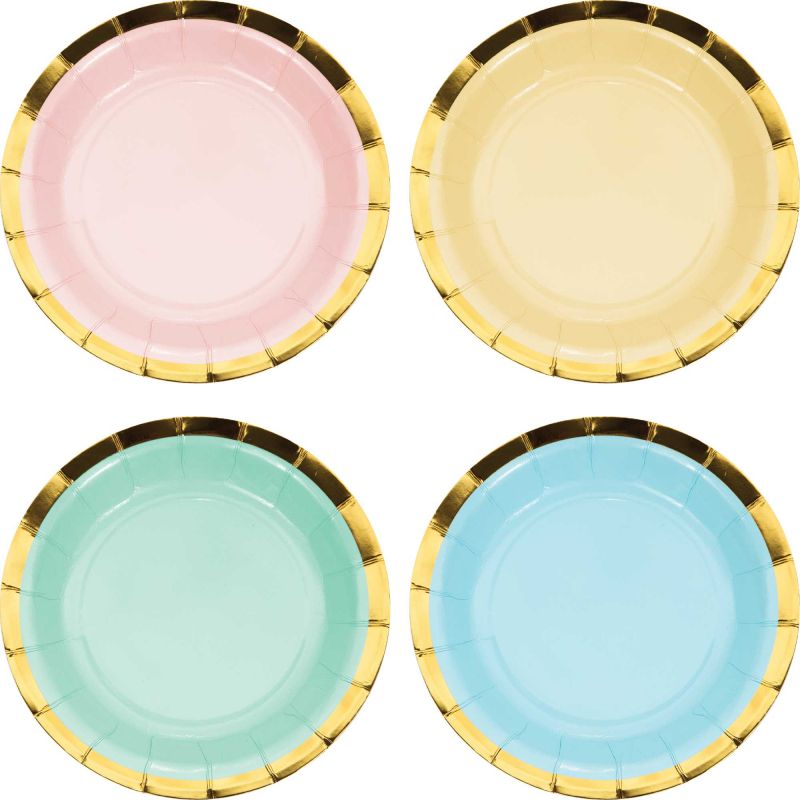 Pastel Celebrations scalloped lunch plates with gold foil accents, ideal for stylish parties and events, pack of 8.