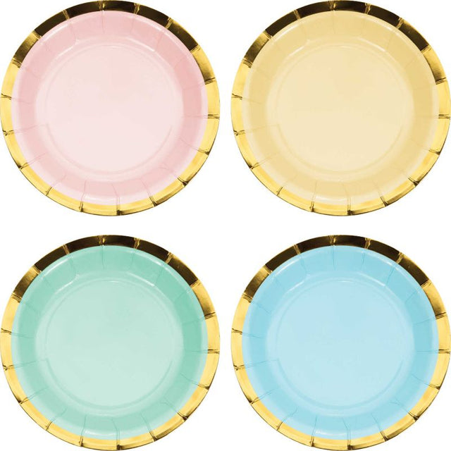 Pastel Celebrations scalloped lunch plates with gold foil accents, ideal for stylish parties and events, pack of 8.