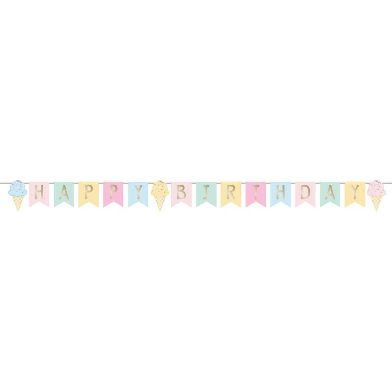 Colorful ice cream-themed Happy Birthday ribbon banner, measuring 15cm x 2.52m, perfect for festive celebrations.