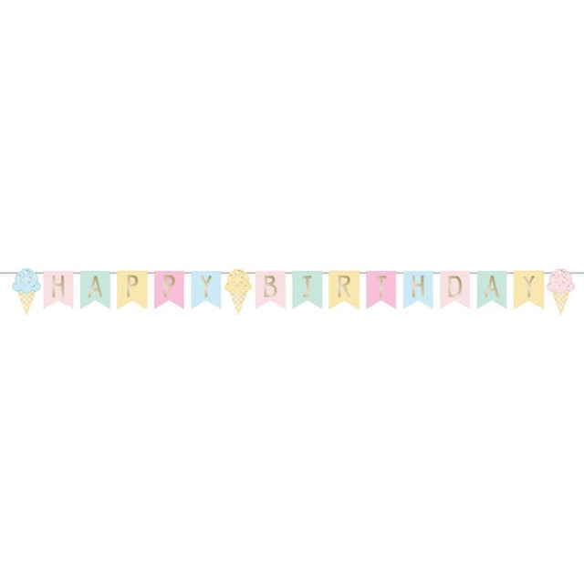 Colorful ice cream-themed Happy Birthday ribbon banner, measuring 15cm x 2.52m, perfect for festive celebrations.