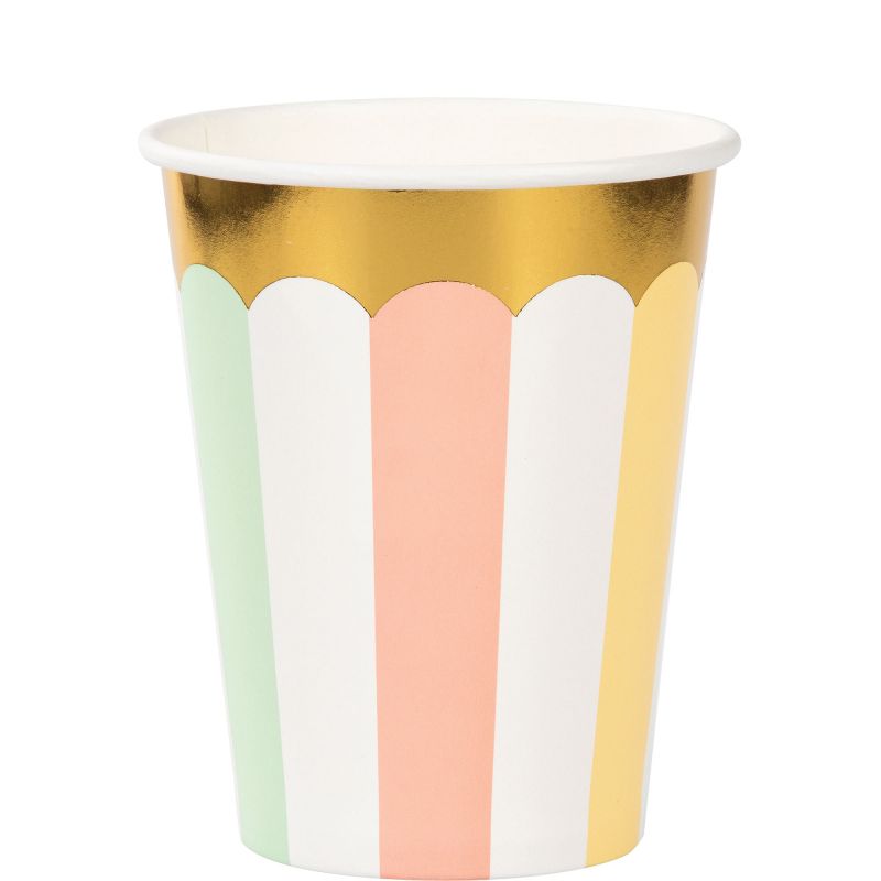 Pastel paper cups with gold foil accents, 266ml capacity, perfect for parties, pack of 8.