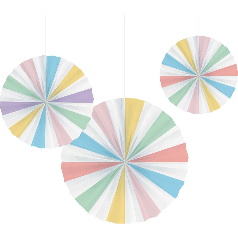 Pastel Celebrations paper fan decorations in three sizes, perfect for adding a charming touch to any festive occasion.