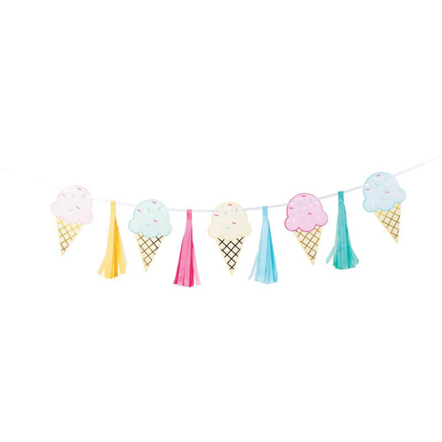 Colorful tassel ribbon banner for ice cream parties, measuring 20cm x 1.4m, perfect for festive decorations.