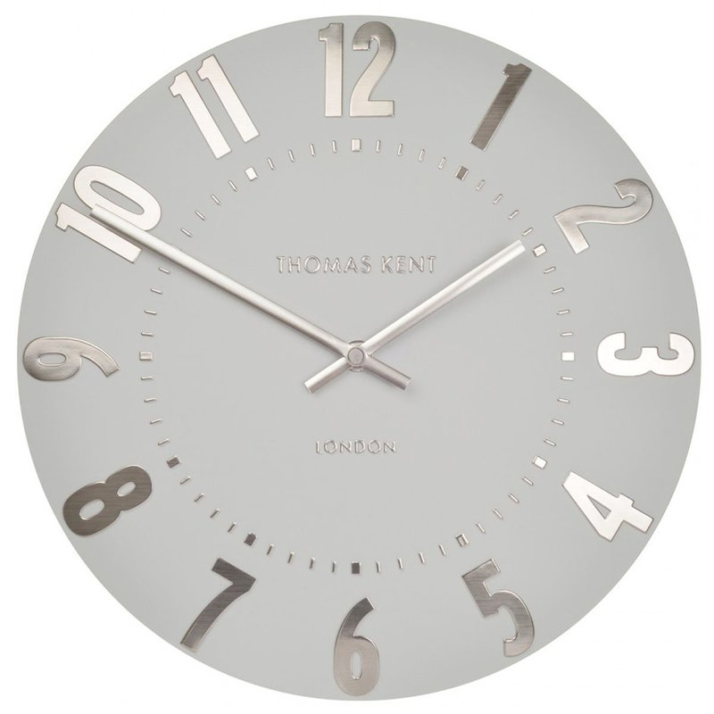 Thomas Kent Mulberry Wall Clock in Silver Cloud, 30cm, features a sleek silver face and raised contrasting numerals for easy readability.