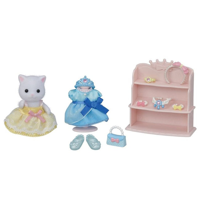 Persian Cat girl Lyra dressed in a yellow and blue dress with sparkling accessories, perfect for imaginative princess play.