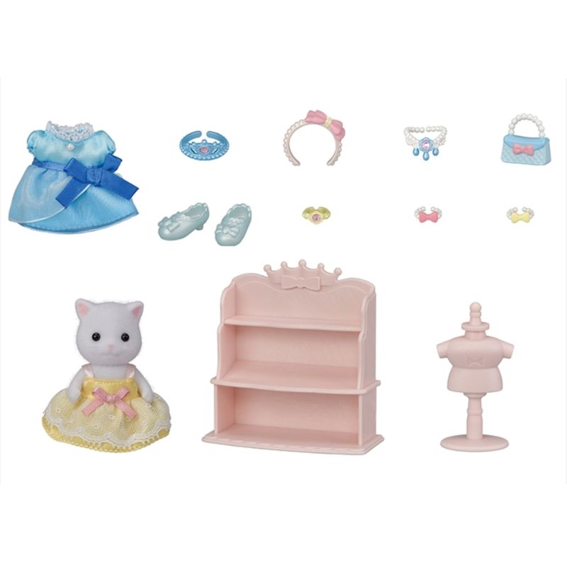 Sylvanian Families Princess Dress Up Set featuring Persian Cat Lyra, with yellow and blue dresses, tiara, and sparkling accessories.