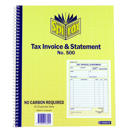 SPIRAX 500 Tax Invoice & Statement Book in Quarto size, featuring carbonless copies, spiral binding, and 50 duplicate sets.