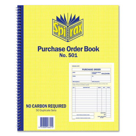 SPIRAX 501 Purchase Order Book in quarto size, featuring NCR paper, sequential numbering, and spiral binding for efficient order management.