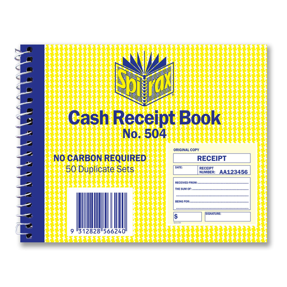 SPIRAX 504 Cash Receipt Book, 102x127mm, featuring 50 duplicate sets, spiral binding, and no carbon required for clarity.