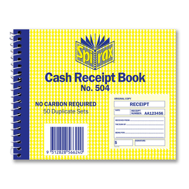 SPIRAX 504 Cash Receipt Book, 102x127mm, featuring 50 duplicate sets, spiral binding, and no carbon required for clarity.