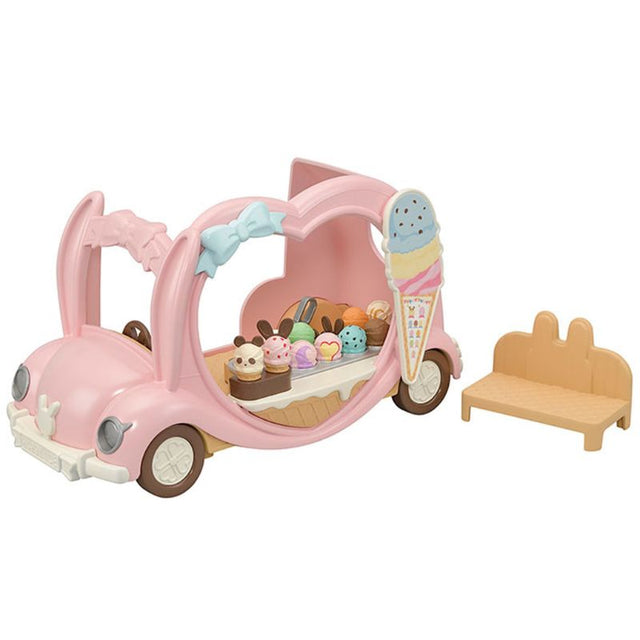 Pastel pink ice cream van with animal-themed toppings and over 30 accessories for imaginative play. Perfect for kids aged 3+.