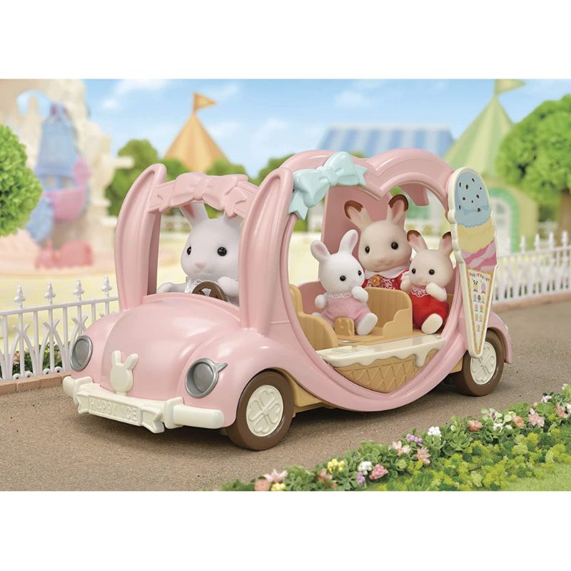 Pastel pink Sylvanian Families Ice Cream Van with over 30 colorful ice cream accessories for imaginative play.