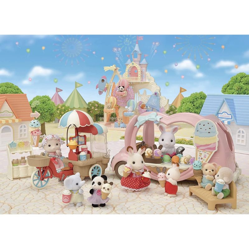 Pastel pink Sylvanian Families Ice Cream Van with over 30 colorful ice creams and playful animal-themed toppings.