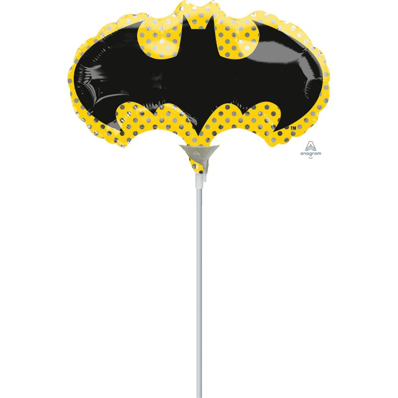 Mini Batman Bat Symbol foil balloon, perfect for superhero parties, featuring vibrant colors and ideal for decorations.