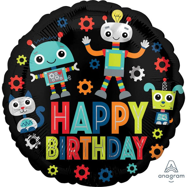 Colorful 45cm Happy Birthday Robots balloon, self-sealing foil, perfect for vibrant birthday celebrations and themed parties.