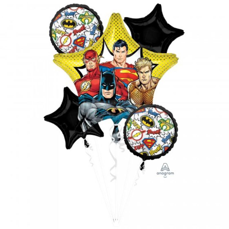 Vibrant Justice League balloon pack with 1 unique shape and 4 standard balloons for superhero-themed celebrations.