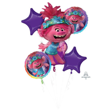 Vibrant pack of 5 self-sealing Trolls World Tour balloons, perfect for festive decorations and celebrations.