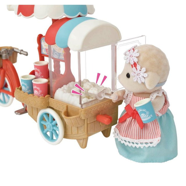 Sylvanian Families Popcorn Delivery Trike featuring Mother Barbara Dale, complete with a popcorn maker and assorted snacks.