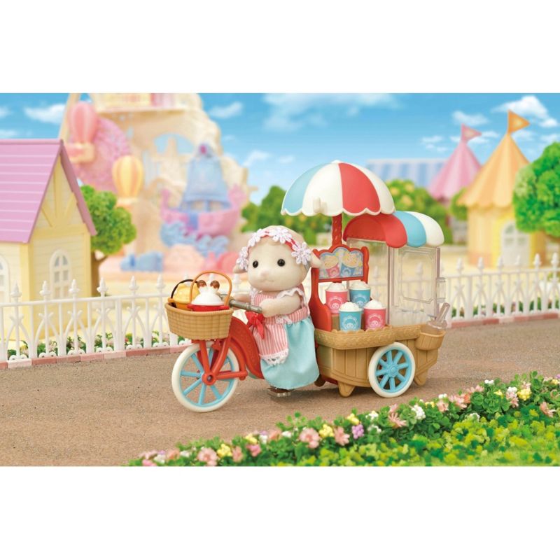 Sylvanian Families Popcorn Delivery Trike with Mother Barbara Dale, featuring a popcorn maker and tasty snacks for imaginative play.