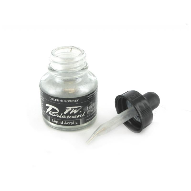 Daler Rowney 29.5ml Silver Pearl ink exhibits shimmering pearlescent effects, ideal for artists wanting depth and brilliance in their work.