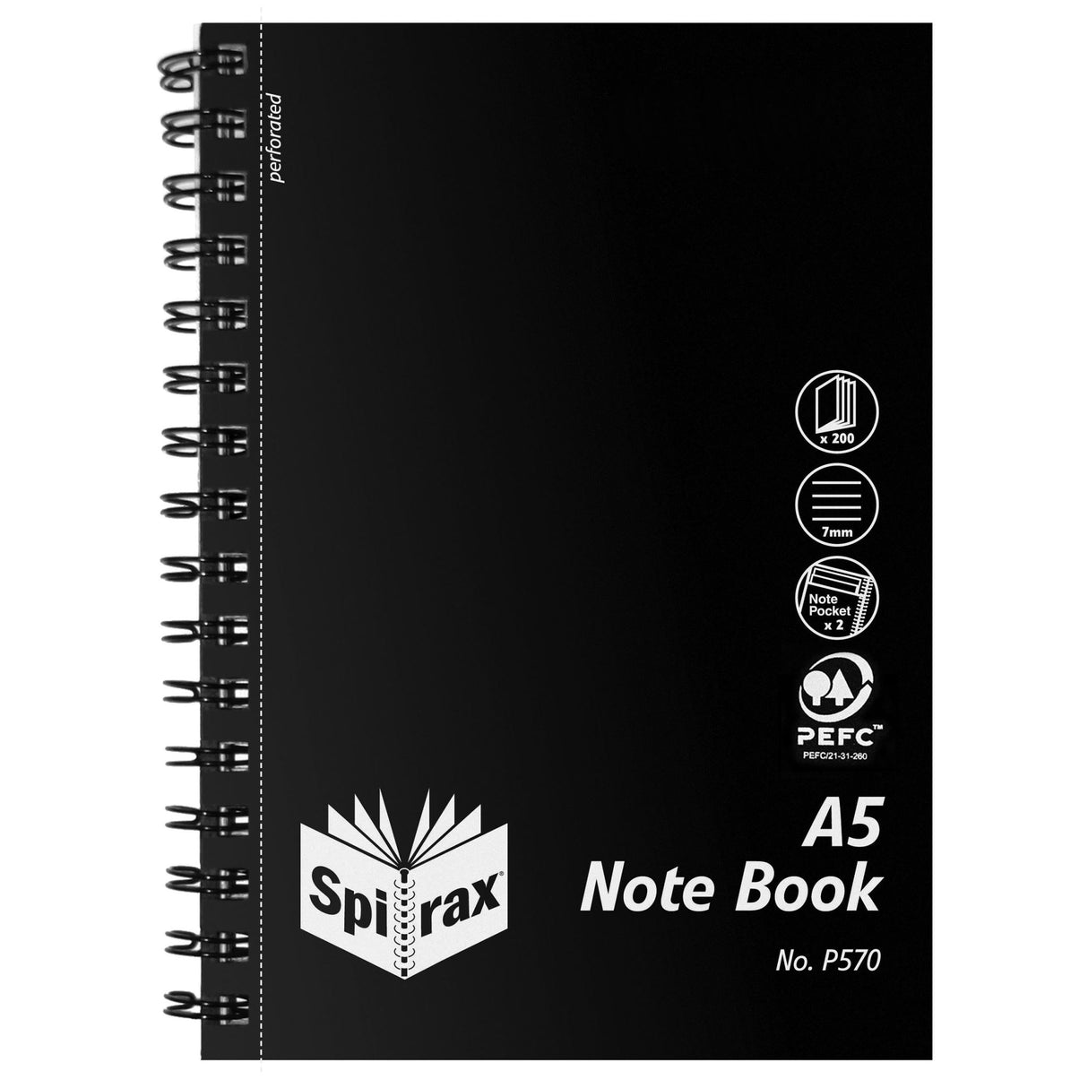 Black Spirax P570 A5 notebook with 200 ruled pages, side opening, durable cover, and two note pockets for organized writing.