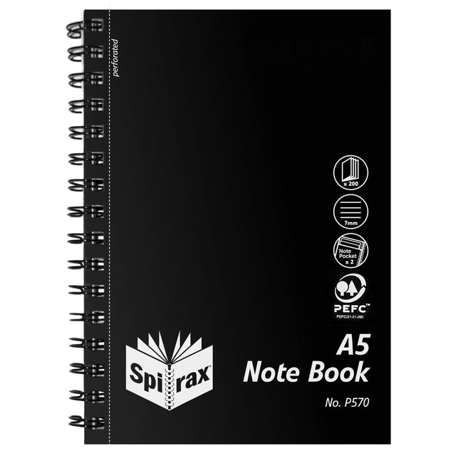 Black Spirax P570 A5 notebook with 200 ruled pages, side opening, durable cover, and two note pockets for organized writing.