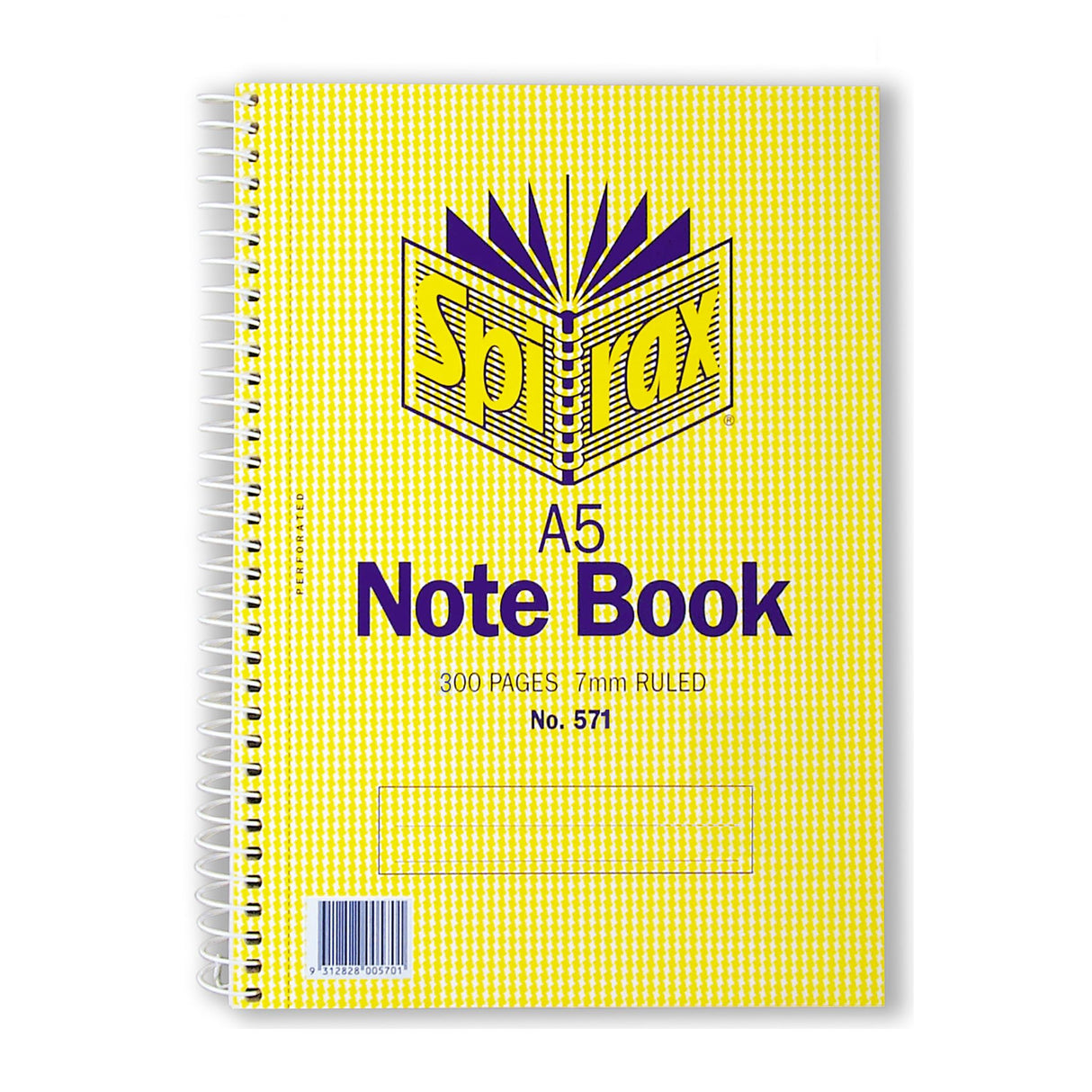 Spirax 571 A5 notebook with 300 pages, side opening, 7mm ruled lines, and durable covers for easy note-taking.