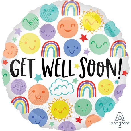 Vibrant 45cm foil balloon with cheerful doodles, perfect for expressing get well wishes and spreading positivity.