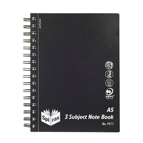 Spirax P572 A5 3 Subject Book with 300 pages, black cover, 7mm ruled lines, and 2 dividers for organized note-taking.