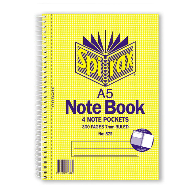 A5 Spirax 572 3 Subject Notebook with 300 ruled pages, perforated for easy removal, and includes 2 dividers for organization.