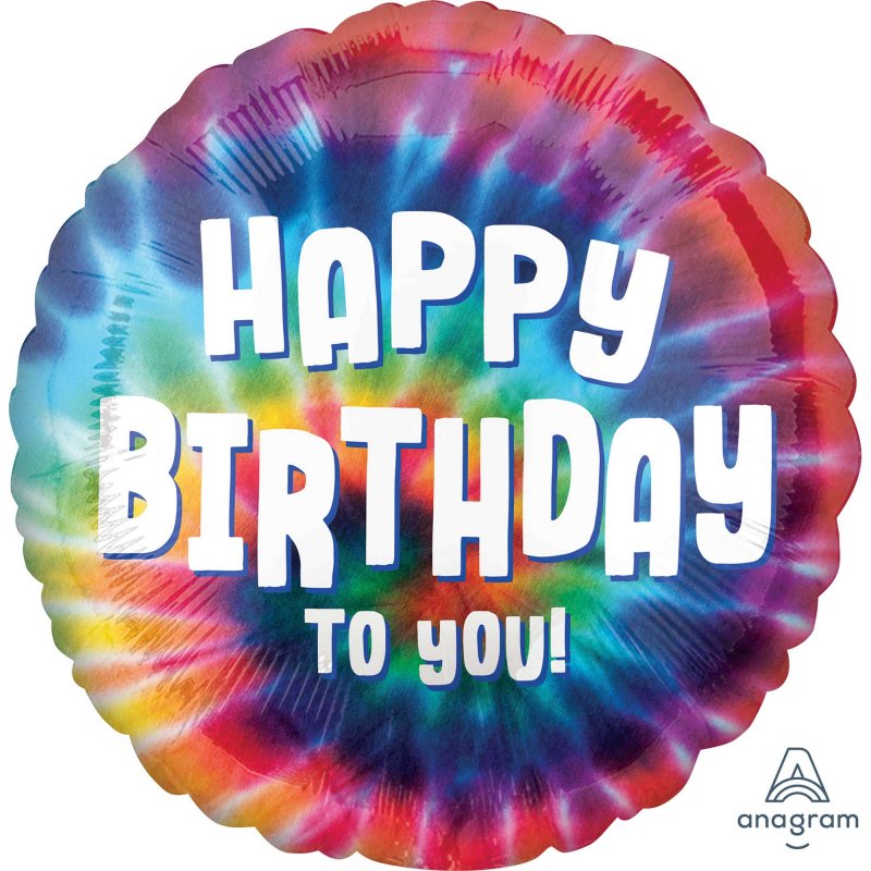 Vibrant 45cm tie-dye foil balloon with "Happy Birthday" message, perfect for adding color to festive celebrations.