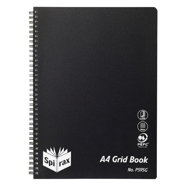 Spirax P595g A4 grid book with 200 premium pages, black wiro binding, perfect for organized note-taking and sketching.