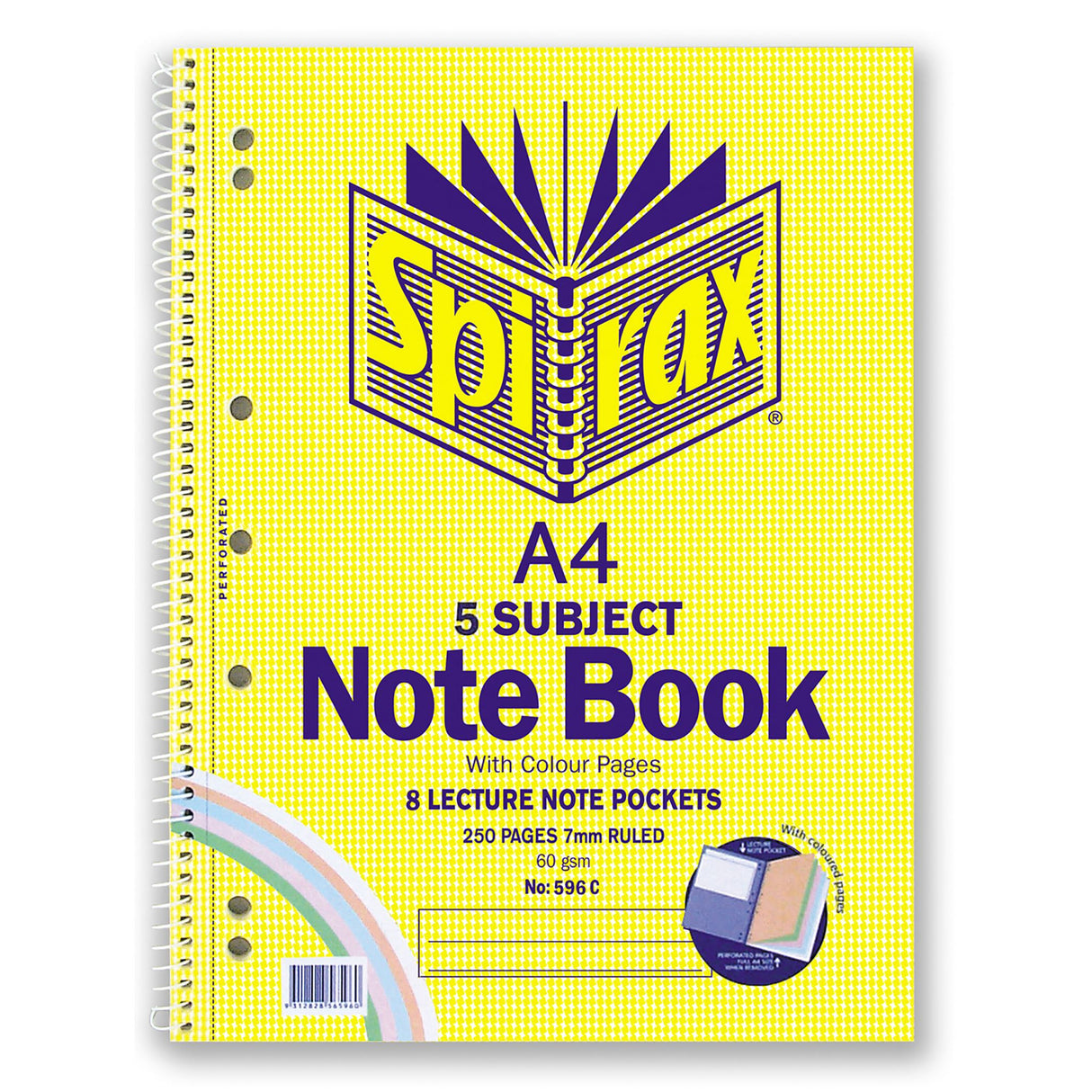 Spirax 596C 5 Subject Notebook with 250 coloured pages, dividers, perforated sheets, and 7mm ruled lines for organized notes.