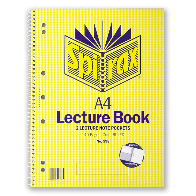 Spirax 598 Lecture Book A4 with side opening, 140 pages, 7 hole-punched, includes divider, with red ruled margins for neat writing.