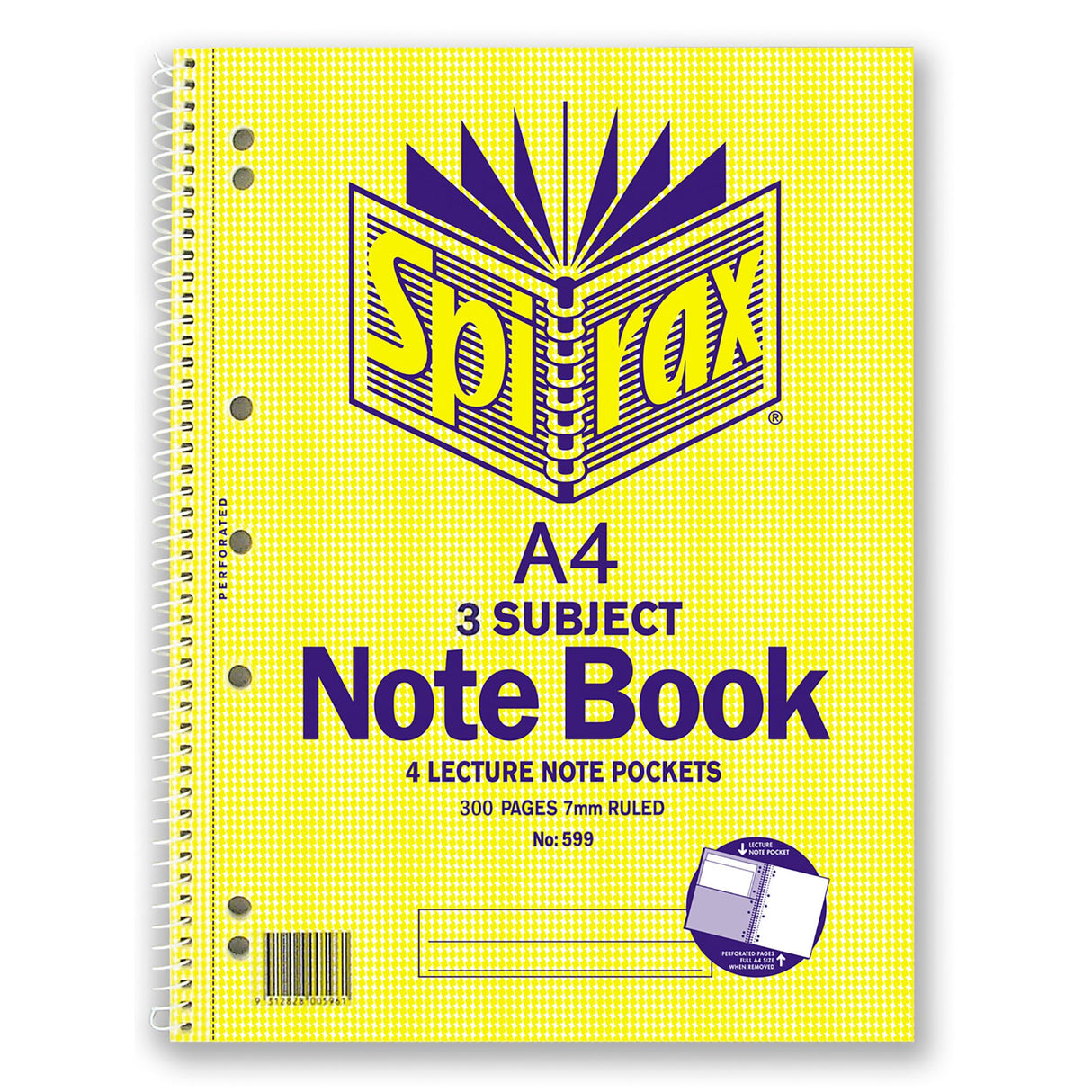 Spirax 599 3 Subject Notebook A4, 300 pages with ruled lines, dividers, perforated pages, and 7-hole punched for organization.