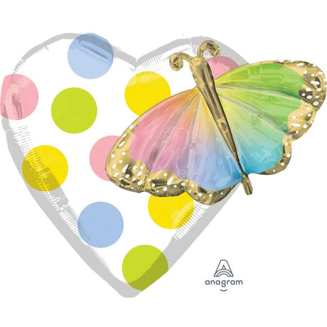 Bright foil balloon featuring a colorful butterfly design, perfect for birthday celebrations and lasting party decoration.