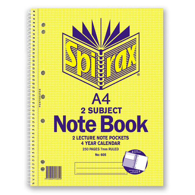 A4 Spirax 605 notebook with 250 pages, 7mm ruled lines, perforated sheets, cardboard divider, and 4-year calendar included.