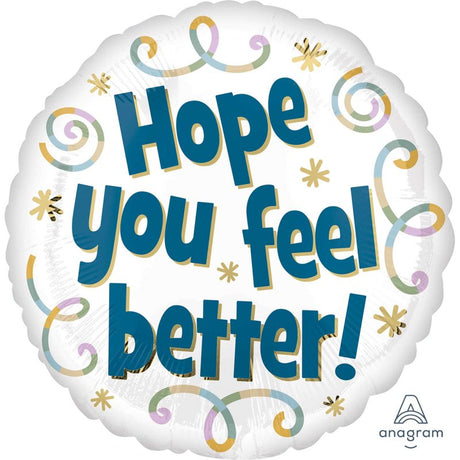 Bright foil balloon with "Hope You Feel Better" message, perfect for uplifting spirits during recovery, 45cm size.