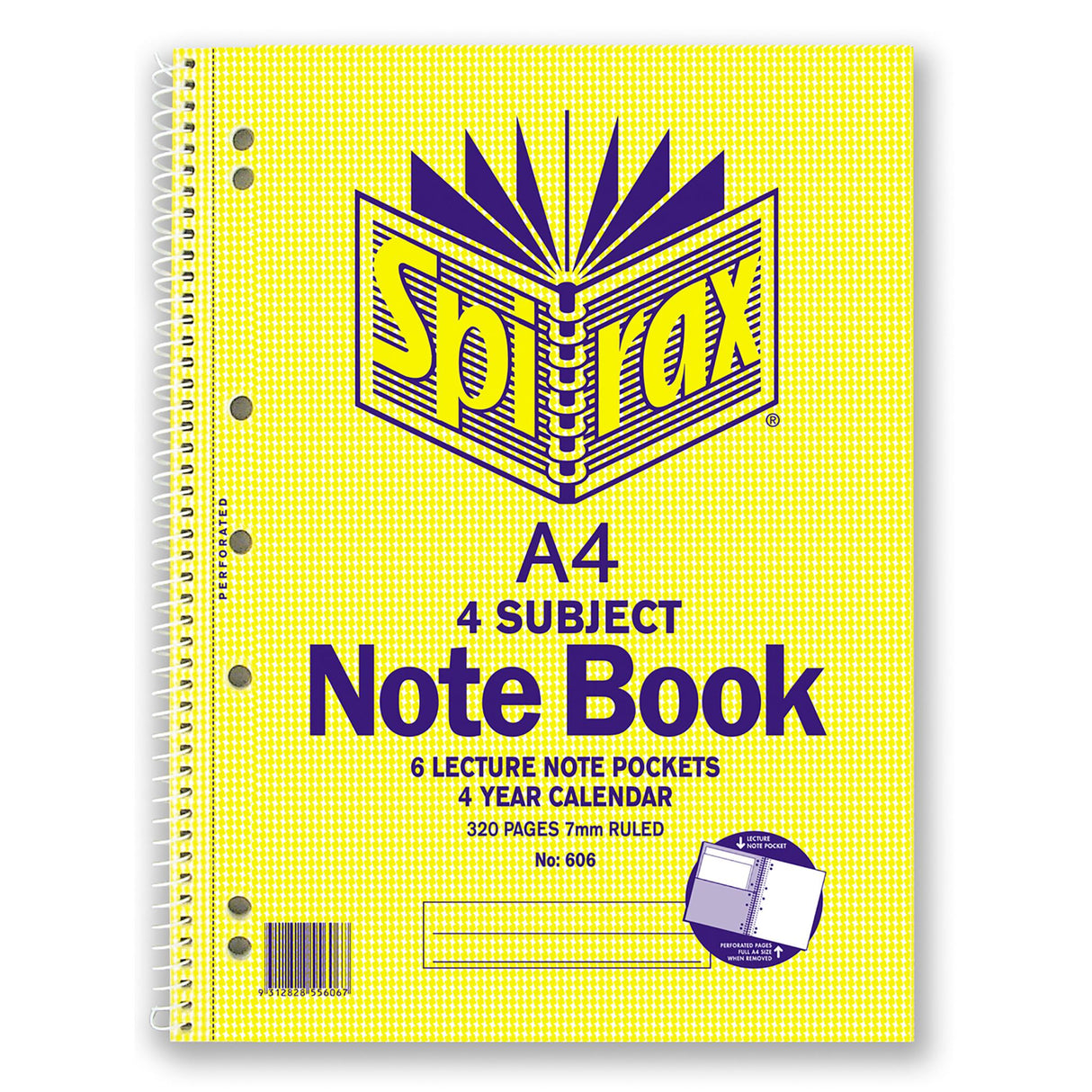 Spirax 606 A4 notebook with 320 pages, 4 subjects, perforated, ruled lines, and 3 dividers for organized note-taking.