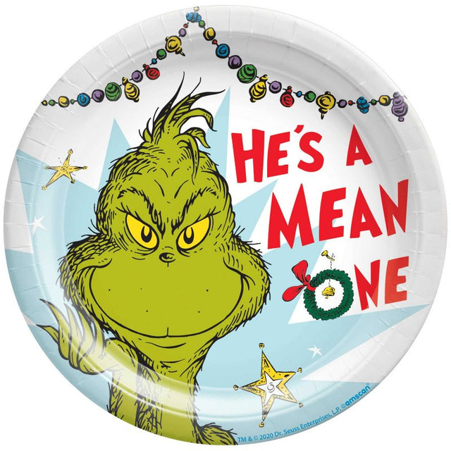 Dr. Seuss The Grinch paper plates, 17cm, pack of 8, perfect for festive gatherings and holiday celebrations.