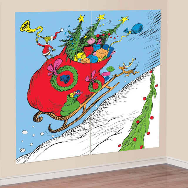 "Two vibrant Dr. Seuss Grinch scene setters, ideal for festive holiday decoration, each 165cm tall and 85cm wide."