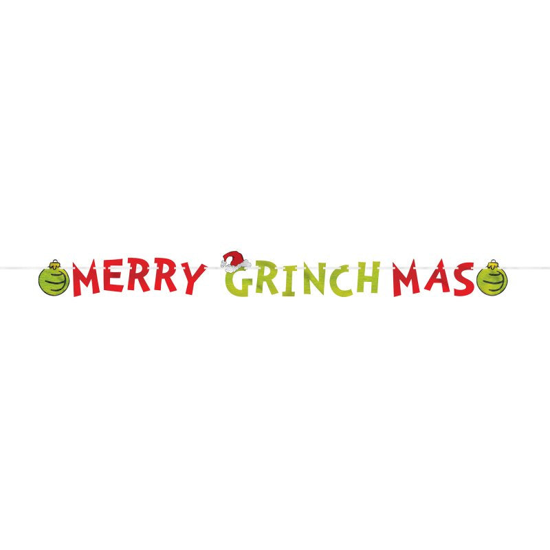 Foil Letter Banner featuring "Merry Grinchmas," 3.65m long, perfect for festive decorations and Christmas celebrations.