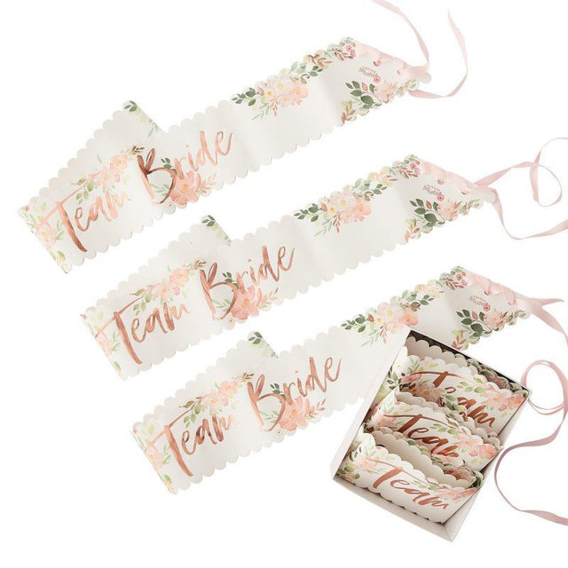 Floral Team Bride sashes in a pack of 6, measuring 75cm, perfect for hen parties and memorable photos.