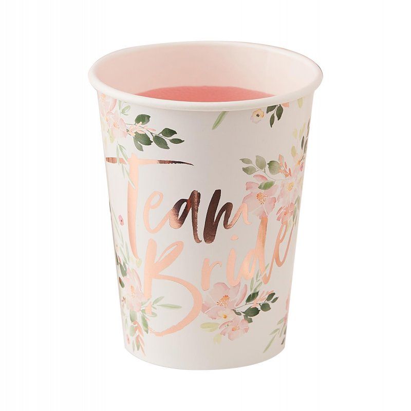 Floral hen party paper cups, 9oz capacity, 10cm tall, perfect for cocktails and celebrations, pack of 8.